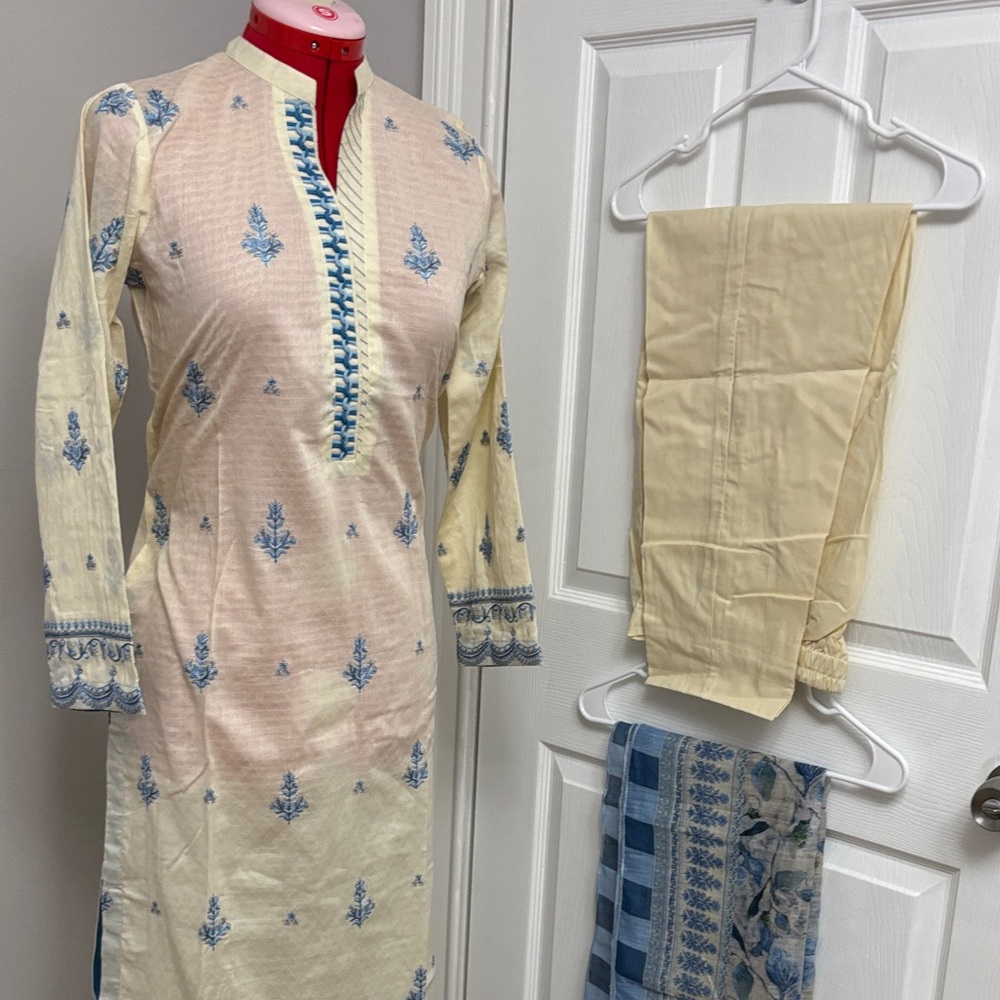 Cream & Light Blue Embroidered Kurta Set